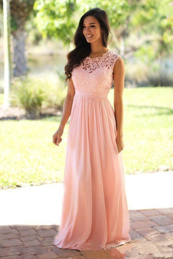 Pink Chiffon Long Bridesmaid Dresses Lace Appliqued Bodice Pleats A Line Long Wedding Party Gowns Zipper Sheer Back