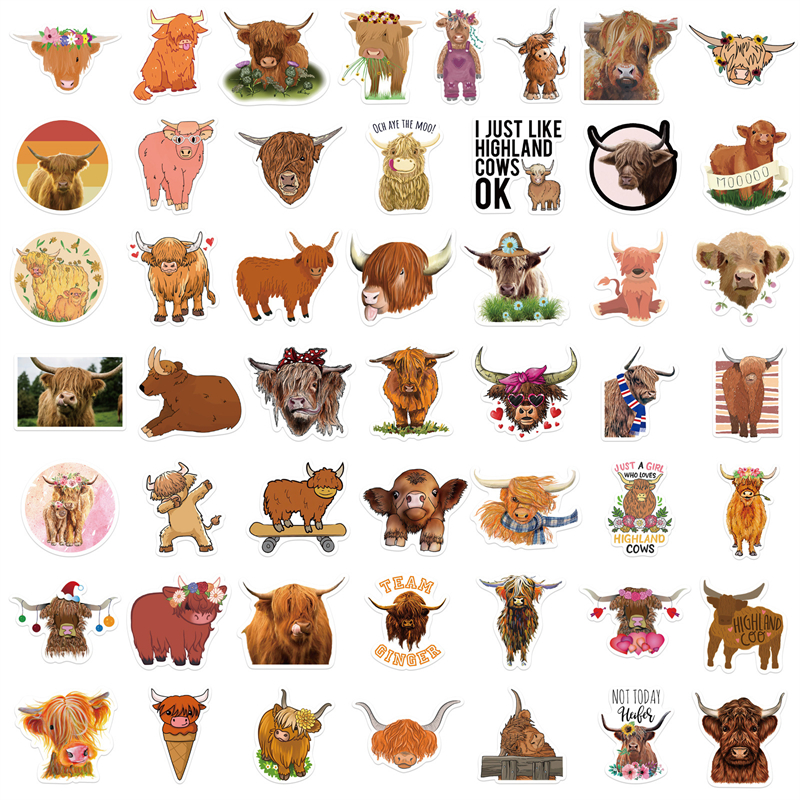 50st s￶ta Highland Cattle Animal Stickers f￶r barn ton￥ringar vinyl vattent￤tt klisterm￤rke f￶r b￤rbar dator st￶tf￥ngare skateboard vatten flaskor datortelefon az105-fx
