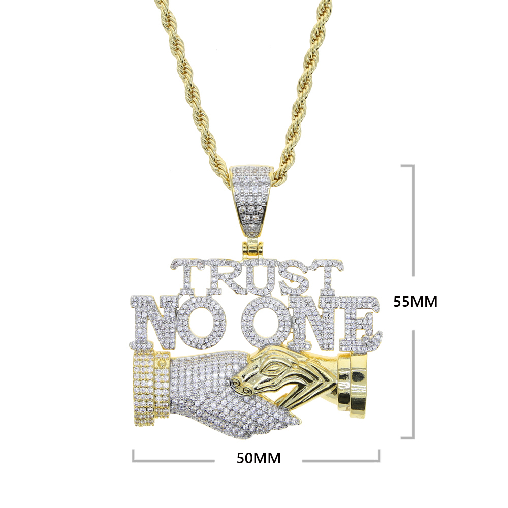 Pendant Necklaces Iced Out Bling Letters Trust No One Two Tone Color CZ Zircon Shake Hand Choker Men's Women Hip Hop Jewelry 221020