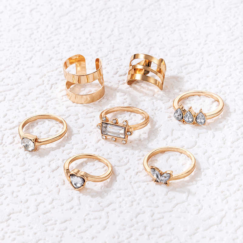 Nuevo conjunto de anillos de diamantes de amor de estilo coreano conjunto de anillos de siete piezas de mariposa cuadrada irregular geométrica