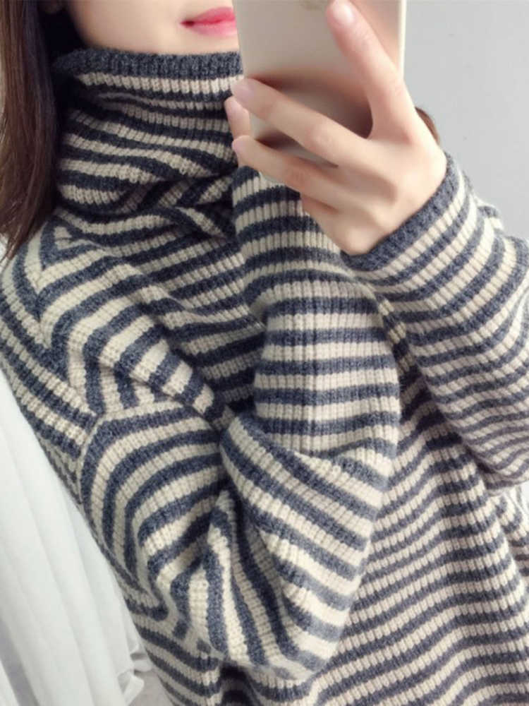 Kvinnors tröjor Azyt 2022 Autumn New Striped tröja Kvinnliga tröjor Korean Löst Turtleneck tröja Jumper Kvinnlig vinter Ny baströja T221019