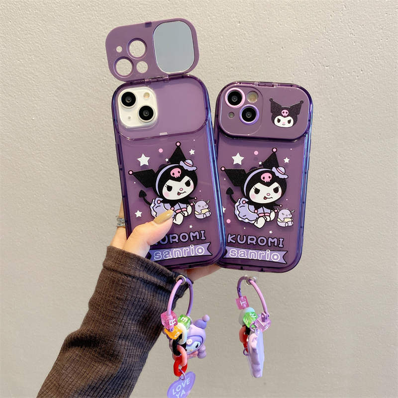 Cartoon Kuromi Chain Hide Makeup Mirror Handyhüllen für iPhone 14 Pro Max Plus iPhone14 13 12 11 8 7 X XS XR Kickstand Niedliche Dekoration Halter Multifunktionale TPU-Abdeckung