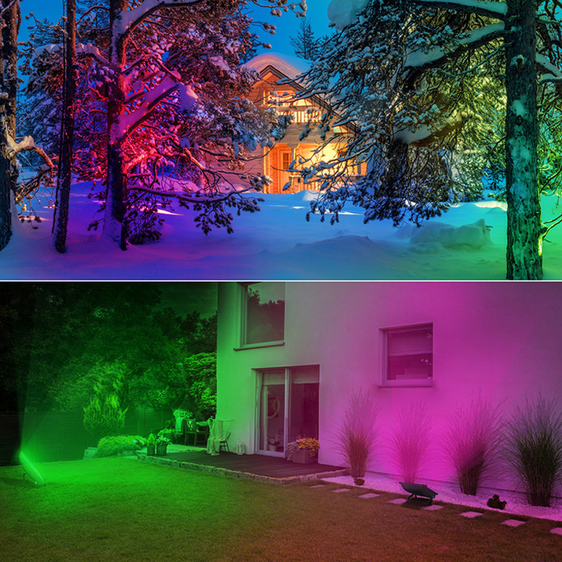 RGB LED 투광 조명 50W 100W 220V 110V 홍수 가벼운 야외 나무 조명 벽 와셔 방수 정원 조명 미국/EU/영국 플러그