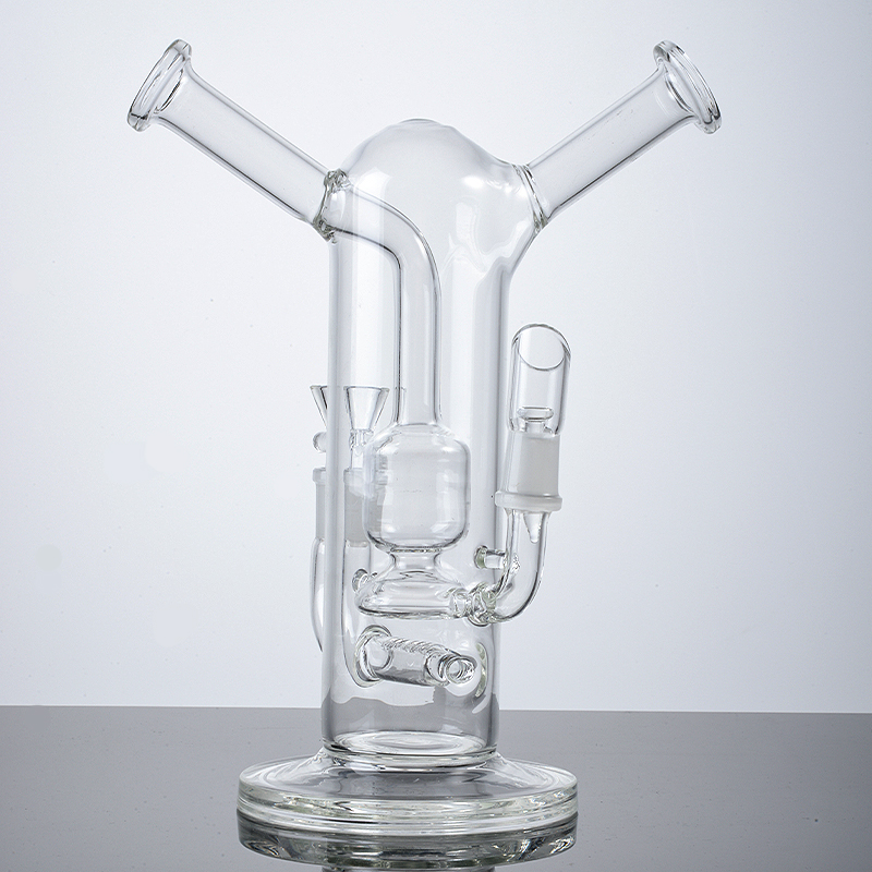 Nouveau Unique Double Bongs Narguilés Spéciaux 14mm Mâle Et Femelle Jointt Dab Rigs Splashguard Inline Perc Conduites D'eau Sidecar Cou Bong En Verre Herbes Et Concentrés