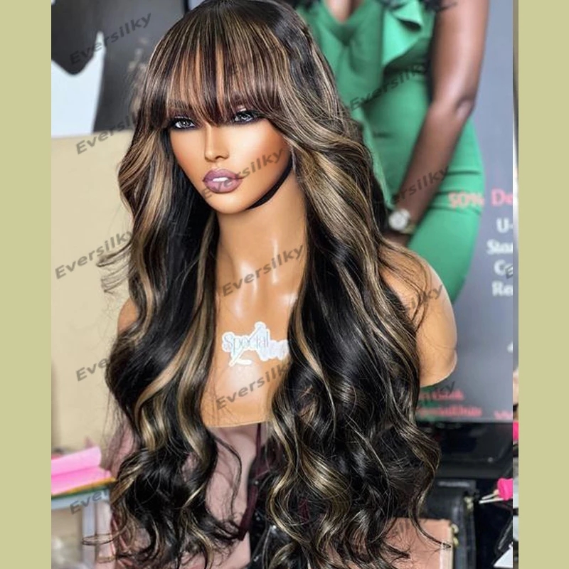 Highlight Blonde Fringe Machine Made Human Hair Wigs Bangs Cut Silk Top Balayage Wigs for Women Glueless Long Wavy Full Density