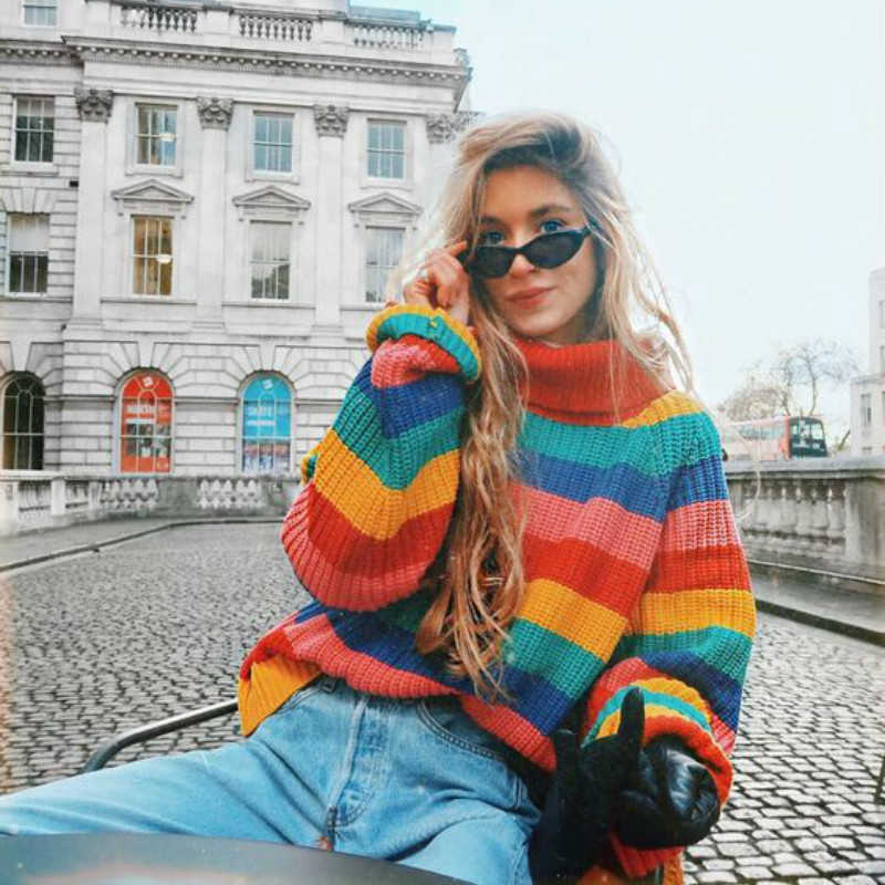 여자 스웨터 가을 무지개 풀오버 터틀넥 히트 색상 줄무늬 스웨터 느슨한 손 니트 셔츠 긴 랜턴 슬리브 오버 크기 새로운 T221019