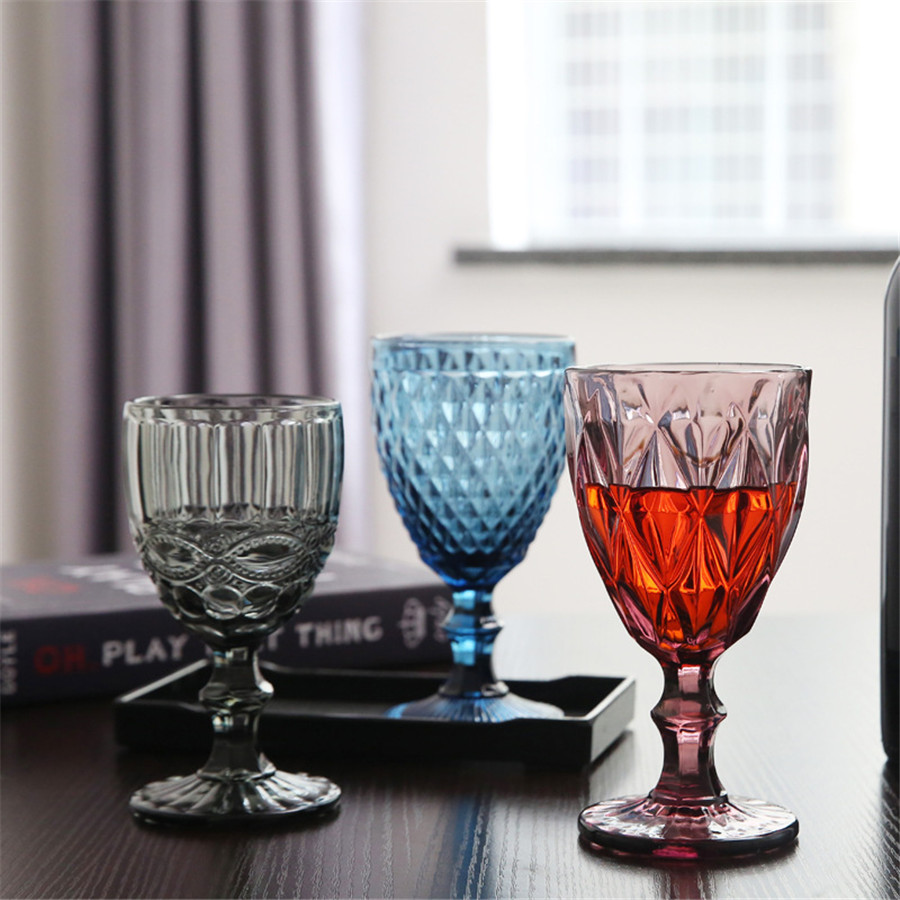 240ml Wine Glasses Colored Glass Goblet with Stem 300ml Vintage Pattern Embossed Romantic Drinkware for Party Wedding