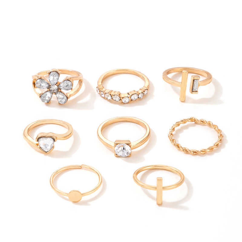 Neues geometrisches Liebesblumen-Diamant-Ring-Set mit acht Teilen, Legierung, frittierter Teig, Twist-gerader Linie-Ring-Set