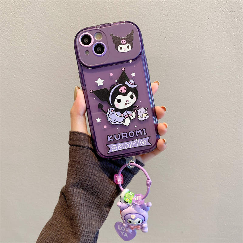 Casos de telefone com espelho de maquiagem para esconder corrente Kuromi dos desenhos animados para iPhone 14 Pro Max Plus iPhone14 13 12 11 8 7 X XS XR Kickstand Bonito Decoração Titular Multifuncional Capa TPU