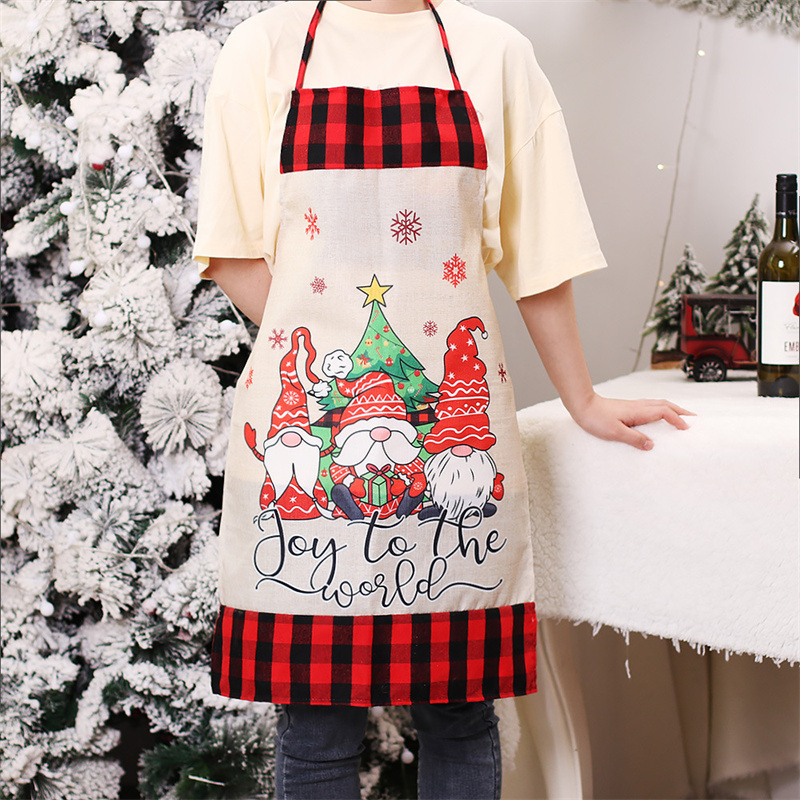 Christmas Linen Gnome Apron Happy New Year Unisex Kitchen Bib with Adjustable Neck for Cooking Gardening