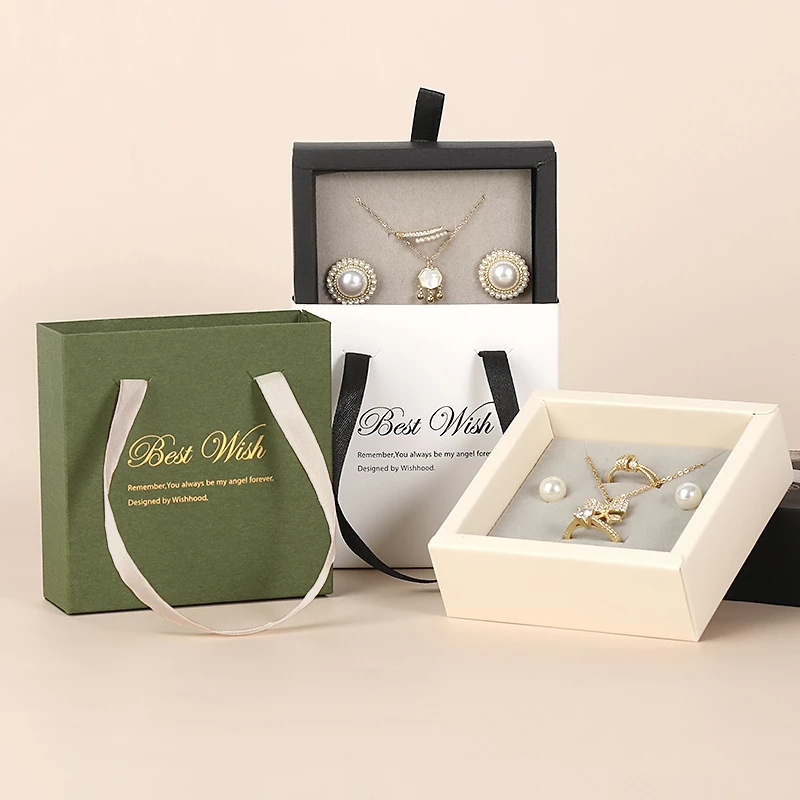 Jewelry Box Portable Drawer Paper Boxes Ring Earrings Necklace Gift Packaging Box Storage Handle Bags