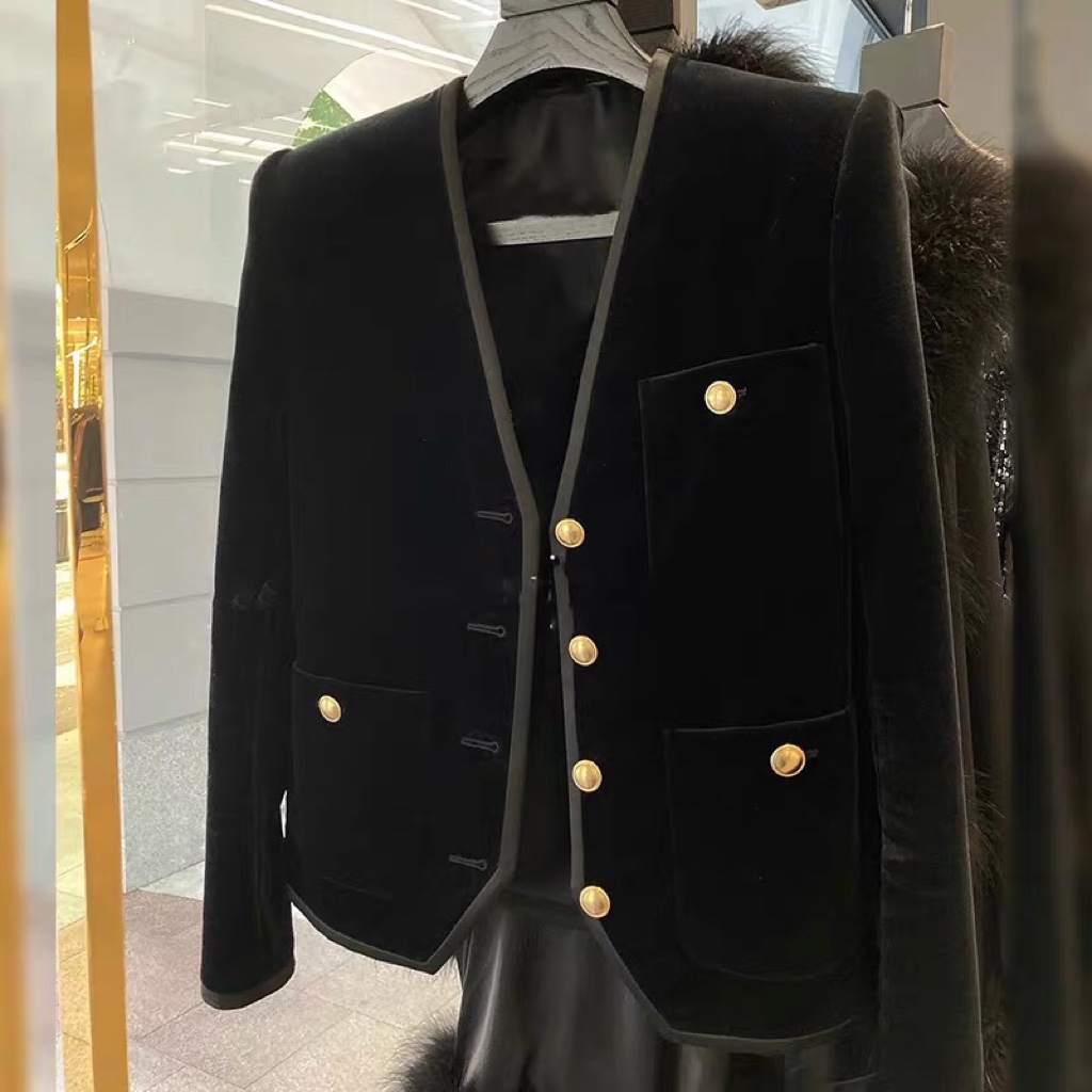 Blazer feminino de tecido de veludo com decote em v e peito, casaco plus size SML preto