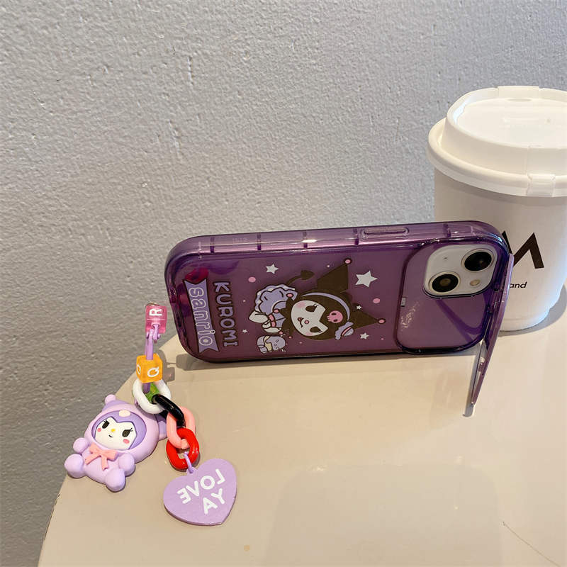 Cartoon Kuromi Chain Ukryj lusterko do makijażu Etui na telefon iPhone 14 Pro Max Plus iPhone14 13 12 11 8 7 X XS XR Podpórka Śliczny uchwyt do dekoracji Wielofunkcyjny pokrowiec TPU