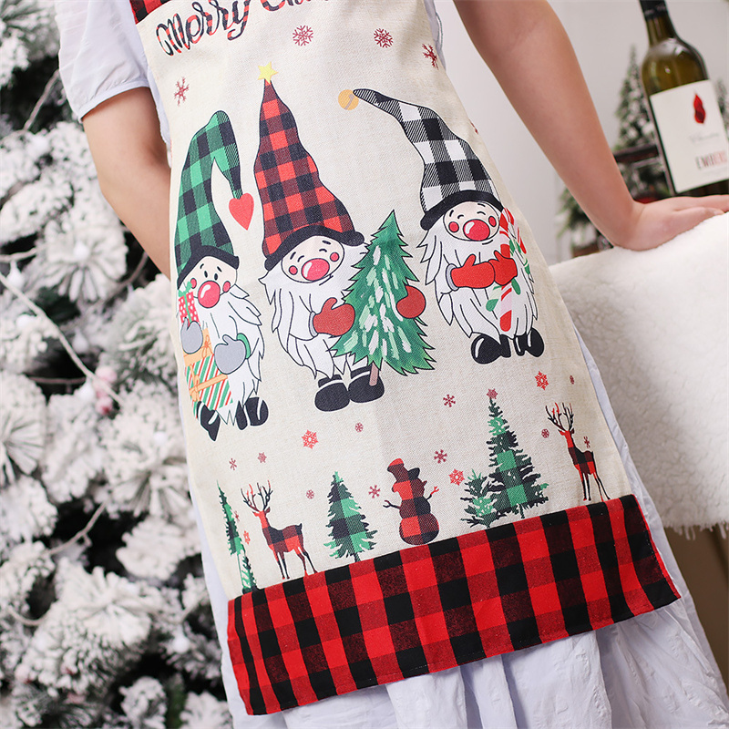 Christmas Linen Gnome Apron Happy New Year Unisex Kitchen Bib with Adjustable Neck for Cooking Gardening