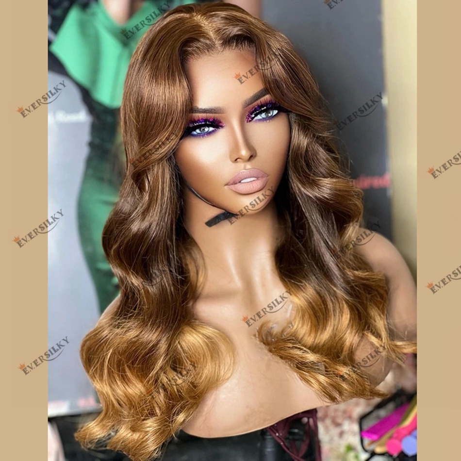 Perruque Lace Front Wig naturelle indienne Remy, cheveux humains, Body Wave, brun blond ombré, 13x6, 360 lacets, pour femmes