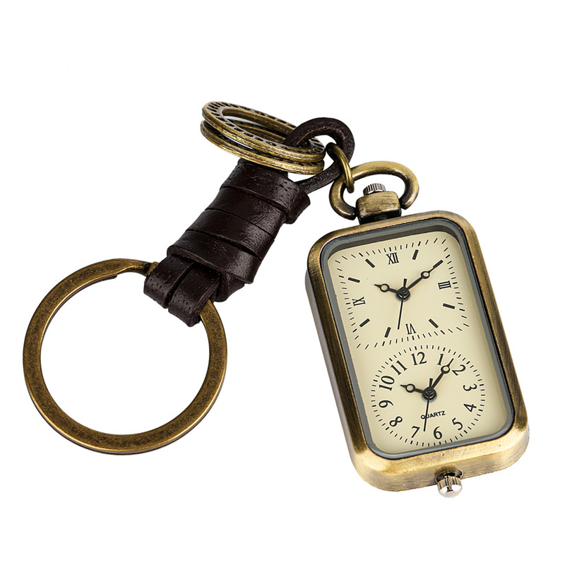 Old Fashion Watches Dual Time Zone Rectangle Shape Unisex Quartz Analog Pocket Watch Pendant Key Ring Rope