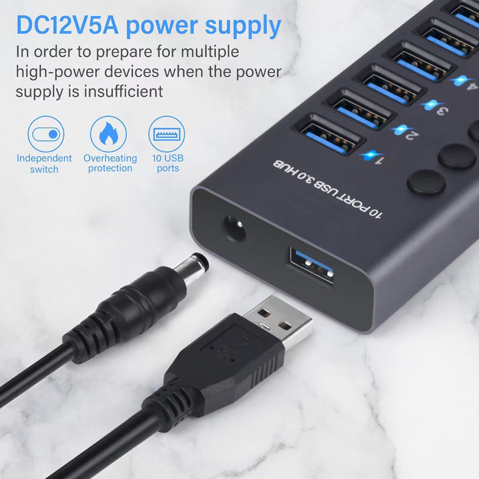 7/10 портов USB3.0 Hub Multy Splitter 12V Адаптер питания с включенным/выключателем USB -зарядного устройства.