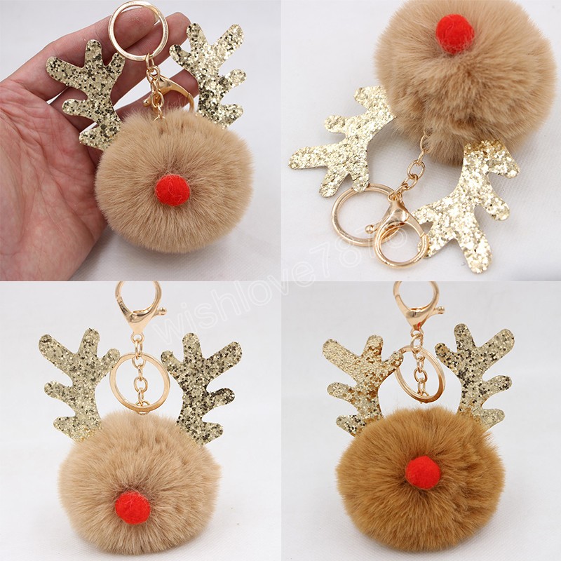 Plush Elk Pendants Key ring Keychain Pompom Reindeer Fur Ball Doll Keychain Xmas Ornaments Party Favors Christmas New Year