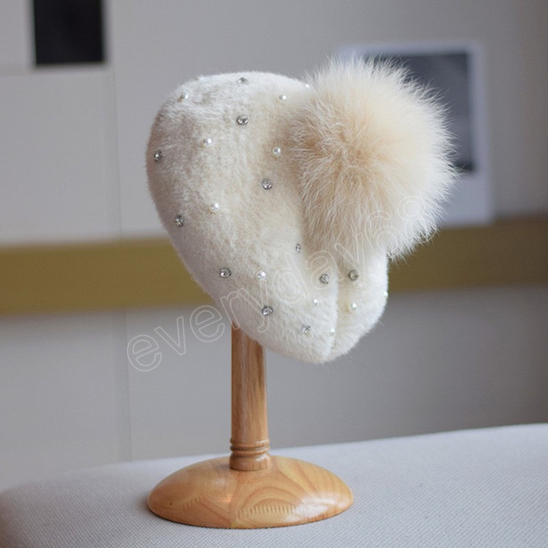 Chapéus de boina feminino com raposa pó pom pom imitação de cristal pare de veludo gordeias inverno quente mulheres pintor chapéu de chapéu casual