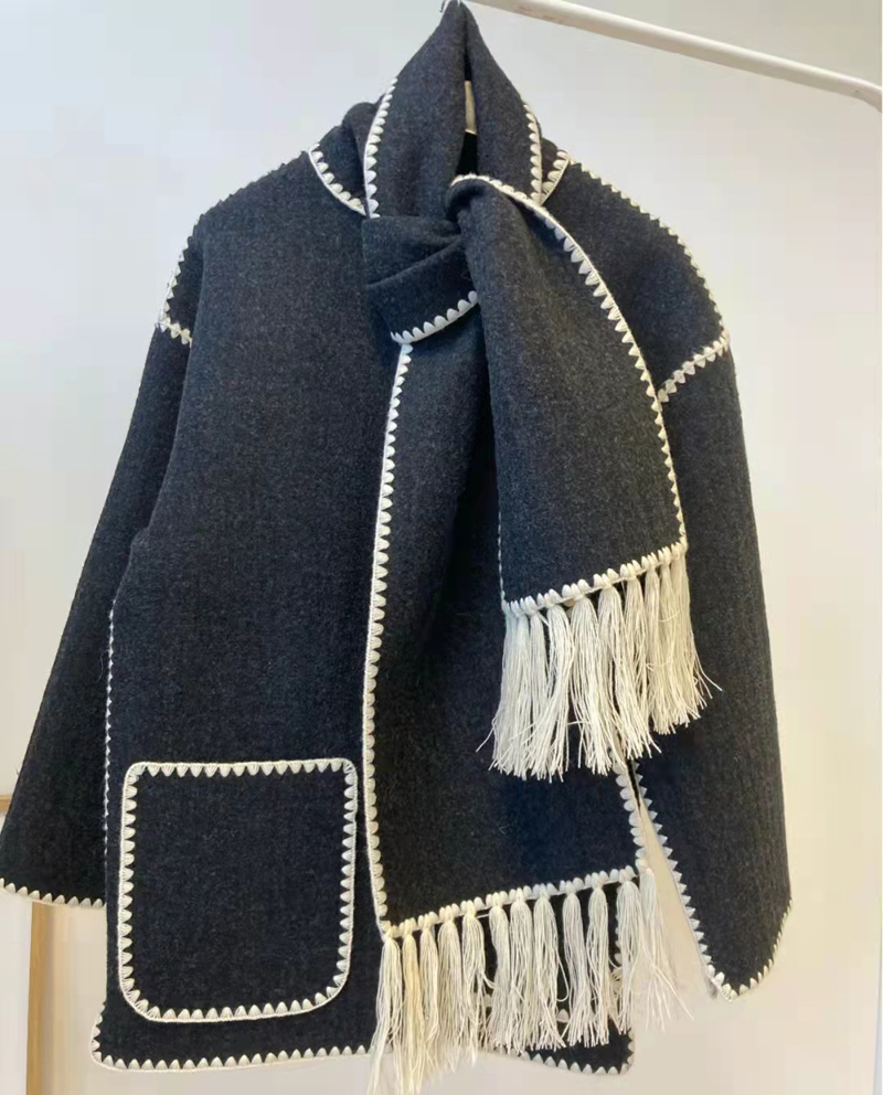 Womens Wool Blends Women SingleBreasted Jacket Autumn Winter Black Scarf Collar Wool Embroidery White Fringed Cardigan Female Contrast Color Coat 221021