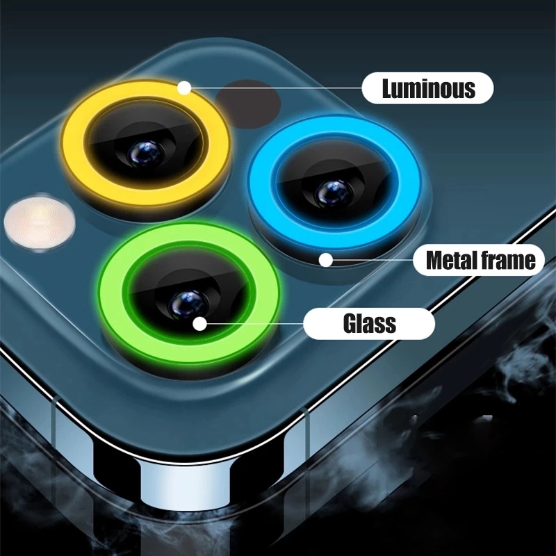 Anillo de lente luminosa anti-scratch protector de vidrio templado en el empuje fluorescente oscuro para iPhone 14 13 12 mini 11 pro max