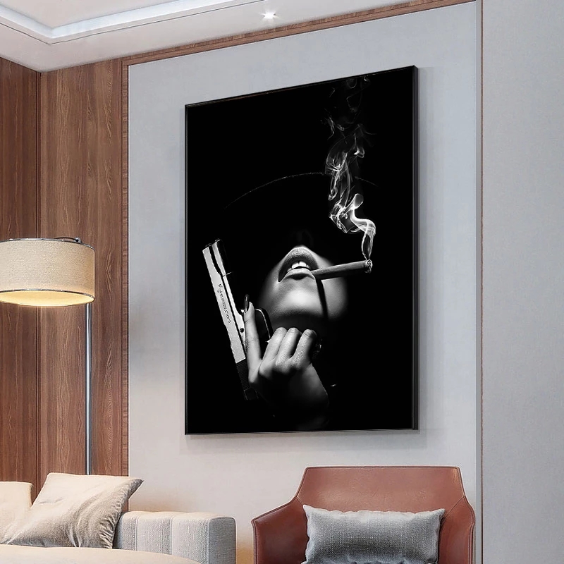 Pintura en lienzo Acuarela Negro Blanco Mujeres Fumar y Tener Armas Modelo de Moda Pintura Artística Pared Decoración del Hogar Imágenes para la Decoración de la Sala