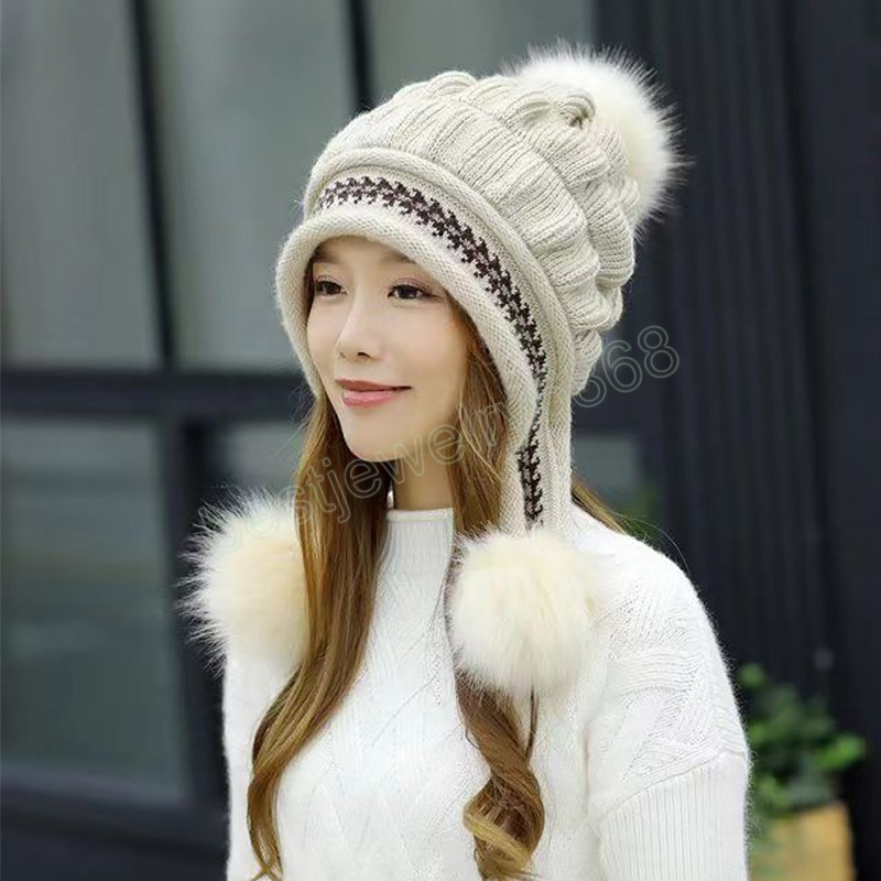 가을 겨울 여자 니트 모자 야외 따뜻한 귀 플랩 가짜 모피 볼 비니 모자 귀 보호 바람 방전 캡 소녀 스키 모자