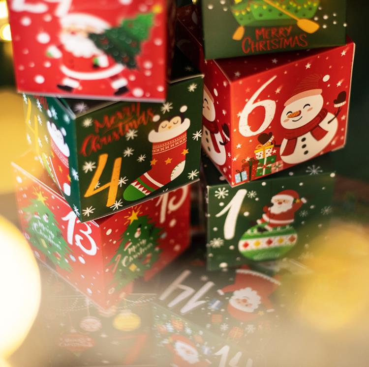 Feliz Navidad Calendario de Adviento Cajas 24 días Papel Kraft Adviento-Cuenta regresiva Cajas de regalo de dulces para niños y familiares Favor SN4733