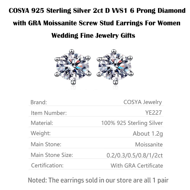 Stud COSYA 925 Sterling Silver 2ct D VVS1 6 Prong Diamond avec GRA Vis Boucles D'oreilles Pour Les Femmes De Mariage Fine Jewelry Gift 221020