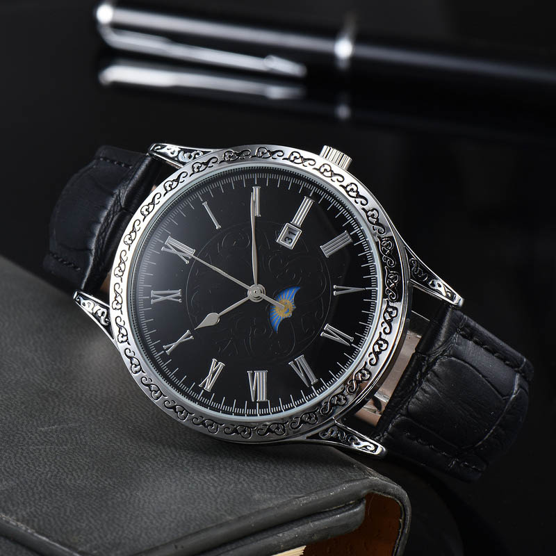 Top luxe merk herenkwarts horloge zakelijke vrijetijdsster maan agenda lederen horloges