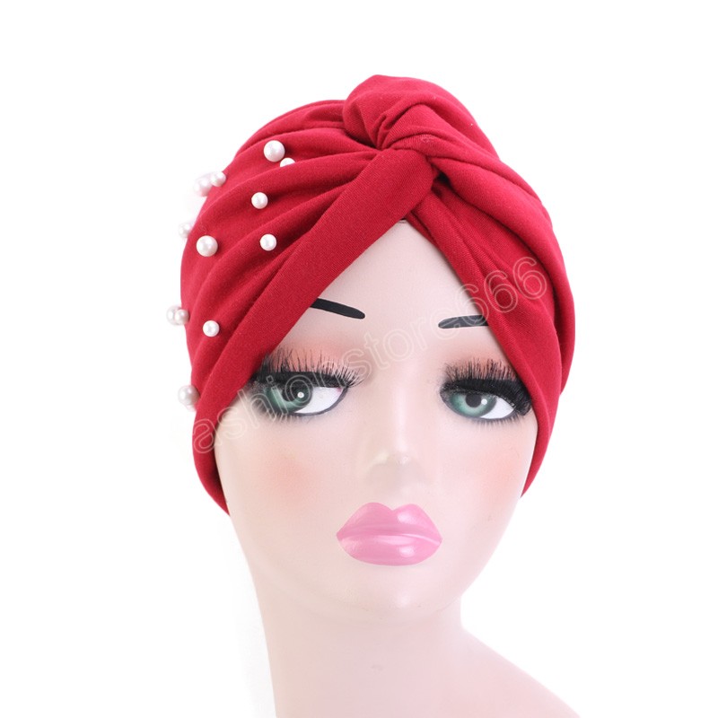 Cappello Turbante in cotone le donne Torsione Avvolgere la testa Perle Volant Pieghe Cappello indiano musulmano Casual Hijab in rilievo elastico vintage Cappellini la cura dei capelli