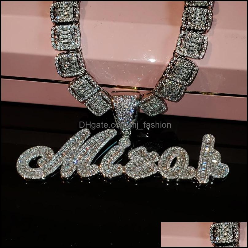 Pendant Necklaces Custom Brush Cursive Iced Out Letter Pendant Name Necklace Baguettes Chain Micro Paved Cz Personalized Hiphop Je297S