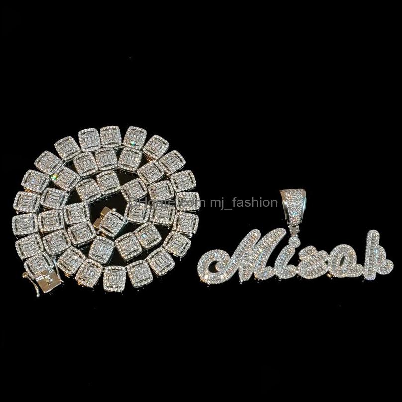 Colliers de pendentif Broussure personnalisée cursive iced out de nom de pendentif Collier Baguettes Chaîne Micro pavée CZ HipHop personnalisé JE247Y