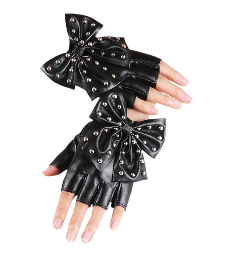 Fingerless Gloves New Women Bowknot Rivet Stage Performance Leather Half Finger Gloves Fashion Sexy Personality Female Nightclub Hip Hop L221020