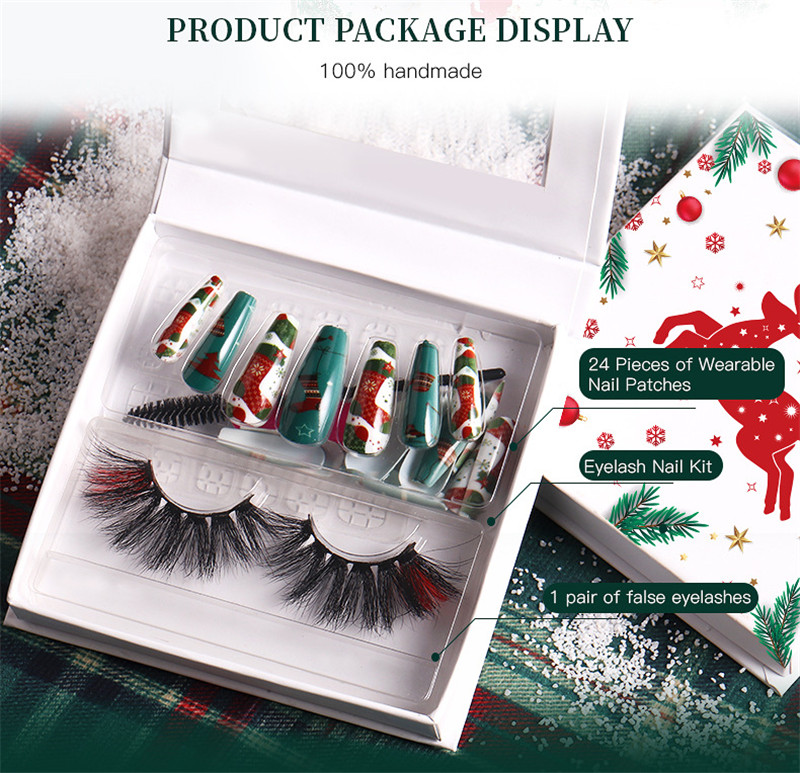 Christmas Elk White Snowflake Makeup Sets Red Removable Wearable Artificial Fake Nails Press On Nail Art with Colorful Mink Lashes Christmas