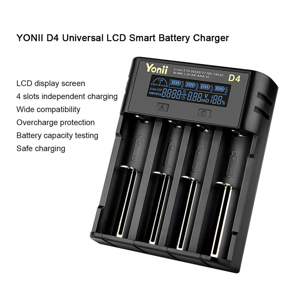 YONII D4 LCD 18650 chargeur de batterie 4 emplacements pour batterie Rechargeable 18650 21700 26650 Lithium AA AAA Nimh