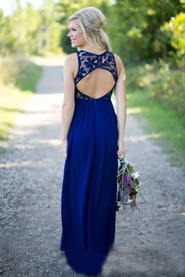 Landstijl Royal Blue Lace en Chiffon A-Line Bruidsmeisje Jurken Lange goedkope joodk uitgehakt rugvloer lengte trouwjurk