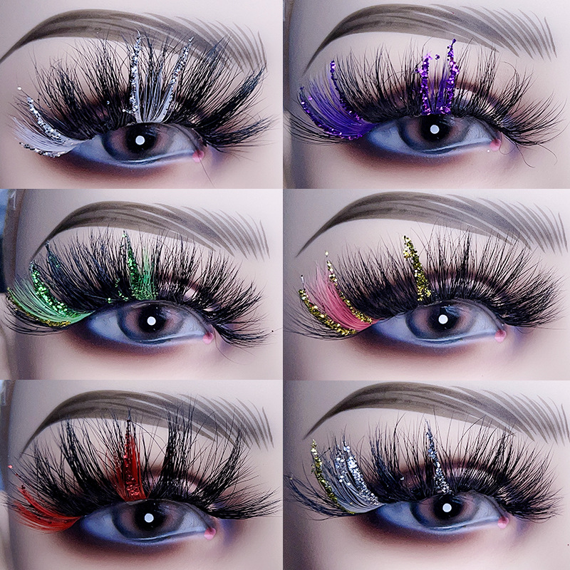 Colorful False Eyelashes Red Pink Green Dramatic 25mm Mink Colored Eyelash Ombre Rainbow Glitter Lashes