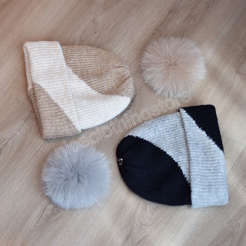 Bonnet tricoté pour femmes d'hiver véritable fourrure de renard Pom Pom laine bonnets chaud en plein air ski bonnet casquette dame Skullies dôme chapeaux