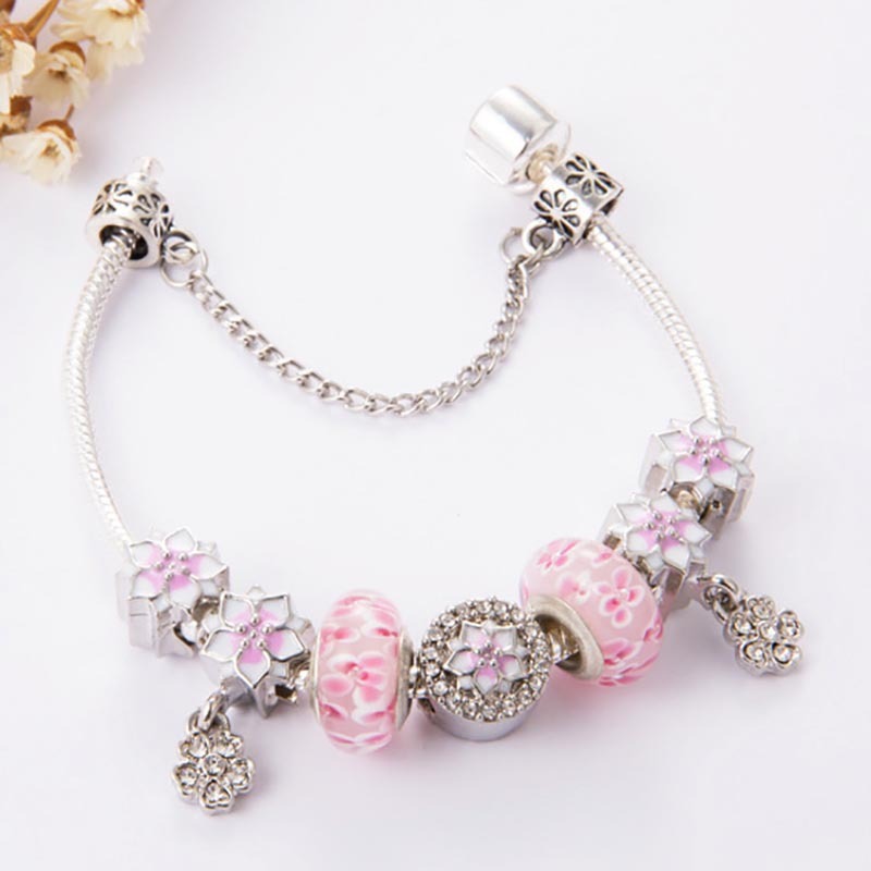 Mode 925 en argent sterling rose fleur de cerisier fleur de Murano verre européen perles de charme cinq pétales de fleur de magnolia balancent pour les bracelets de charme Pandora