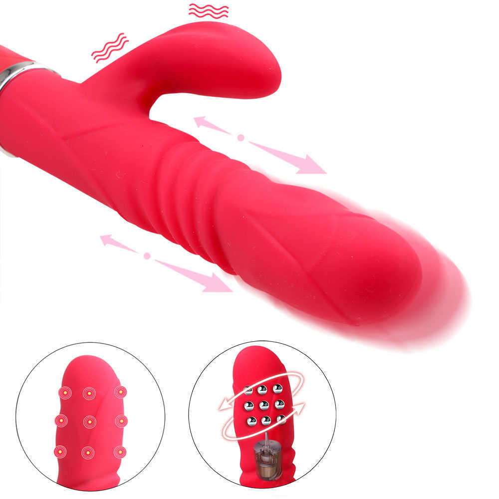 Articles de beauté Vibromasseur lapin télescopique IKOKY Rotation à 360 degrés Gode vibrant Massage point G Jouets sexy pour femme Perles de transfert Baguette AV