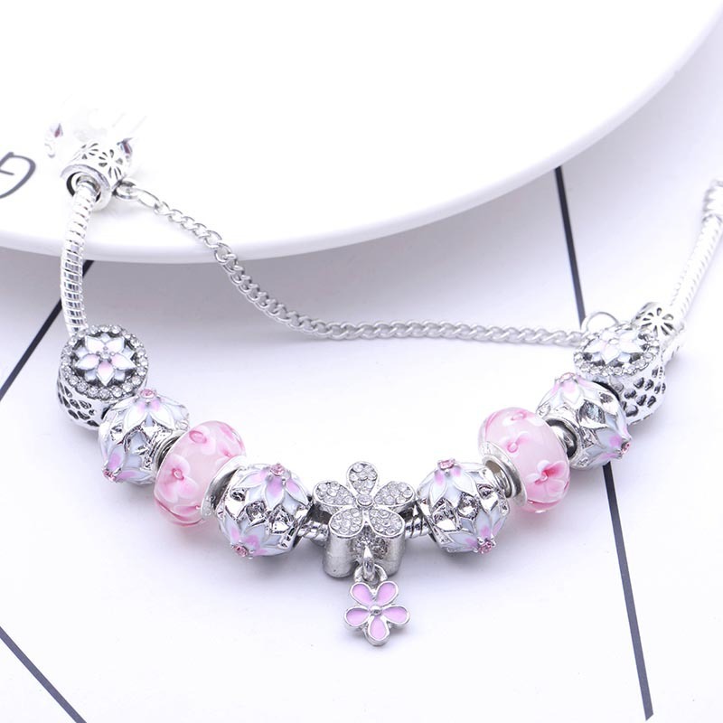 Mode 925 Sterling Silver Rose Fleur De Cerisier Fleur Murano Murano Verre Charme Européen Perles Magnolia Dangle Convient Pandora Charm Bracelets Collier