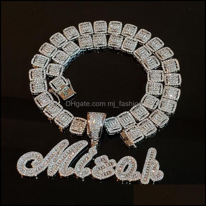 Pendant Necklaces Custom Brush Cursive Iced Out Letter Pendant Name Necklace Baguettes Chain Micro Paved Cz Personalized Hiphop Je297S