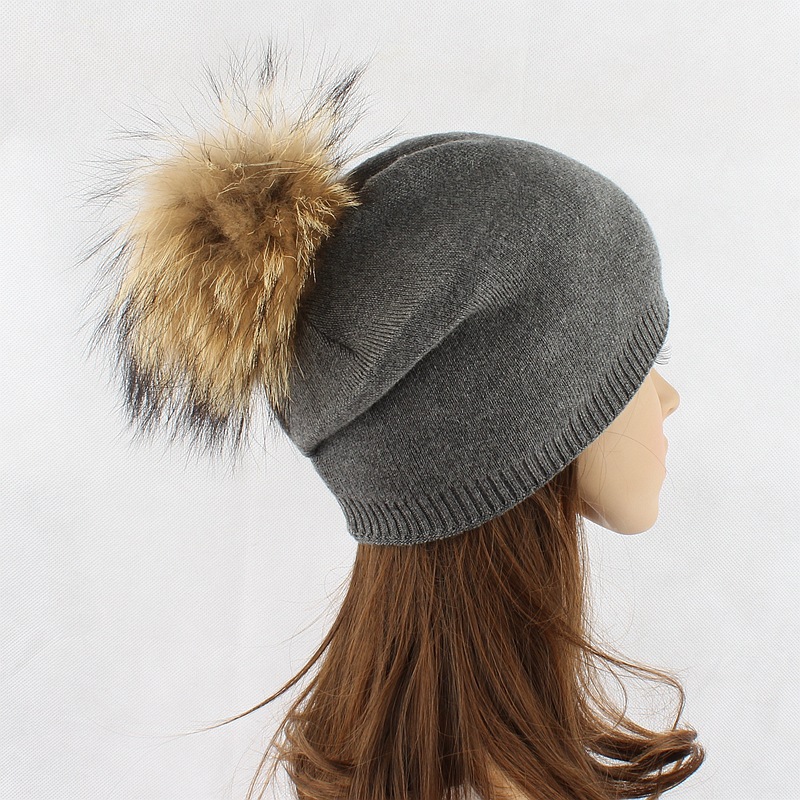 Winter herfst pom pom beanies hoed vrouwen gebreide wollen schedels casual cap echte wasbeer bont pompom hoeden wll1759