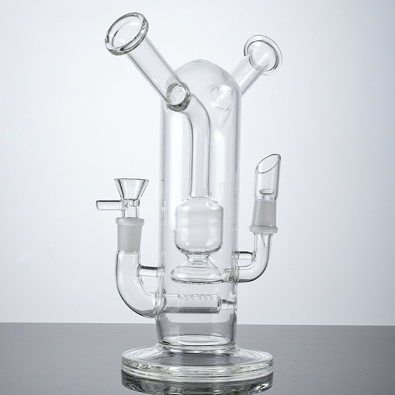 Auf Lager Einzigartige Wasserpfeifen Doppelglas-Bongs Spritzschutz 9-Zoll-Inline-Perc-Bong-Seitenwagen-Hals-Wasserpfeifen Dab-Rigs mit 14-mm-Stecker- und Buchsengelenk