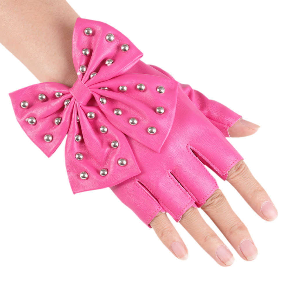 Gants sans doigts Nouvelles Femmes Bowknot Rivet Stade Performance En Cuir Demi Doigt Gants De Mode Sexy Personnalité Femme Discothèque Hip Hop L221020