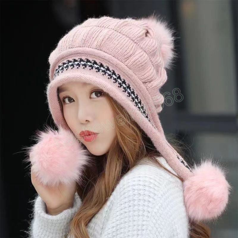 Automne hiver femmes tricoté chapeau extérieur chaud oreillette fausse fourrure boule bonnet chapeau Protection des oreilles coupe-vent casquette fille Ski chapeaux