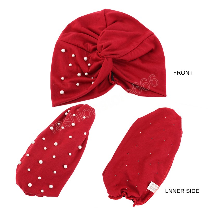 Cappello Turbante in cotone le donne Torsione Avvolgere la testa Perle Volant Pieghe Cappello indiano musulmano Casual Hijab in rilievo elastico vintage Cappellini la cura dei capelli