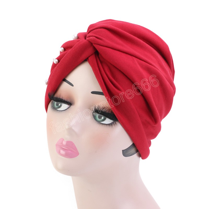 Cappello Turbante in cotone le donne Torsione Avvolgere la testa Perle Volant Pieghe Cappello indiano musulmano Casual Hijab in rilievo elastico vintage Cappellini la cura dei capelli