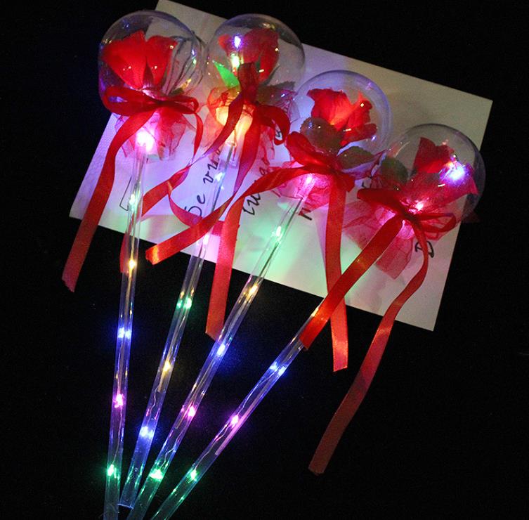 Led Party Favor Decoration Light Up Glowing Red Rose Flower Wands Bobo Ball Stick For Wedding Valentine's Day Atmosphere Decor SN4996